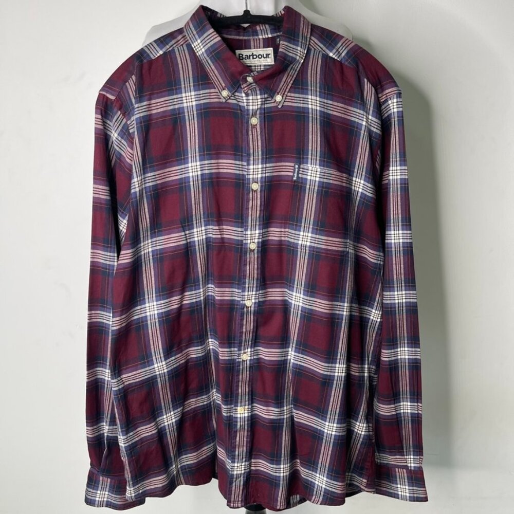 Barbour Men's Tailord Fit Red Blue Plaid Button Down Long Sleeve Shirt Size M